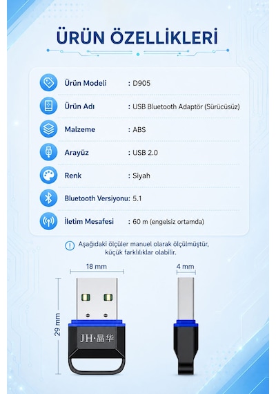 Usb Bluetooth 5.1 Adaptör Dongle, Pc Laptop Masaüstü Bilgisayar İçin Kablosuz Alıcı, Kulaklık Hoparlör Mouse Klavye Oyun Kolu Uyumlu, Sürücüsüz Tak Çalıştır D905