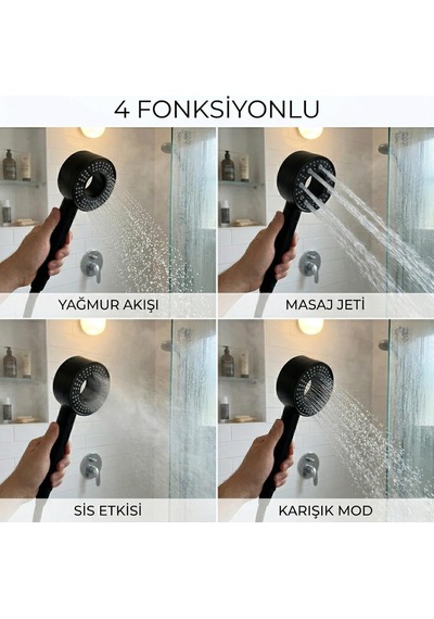 Siyah Elegant Duş Başlığı, 4 Fonksiyonlu Yüksek Basınçlı Duş Başlığı, Yağmur Akışı, Masaj Jeti, Sis Et Diğer