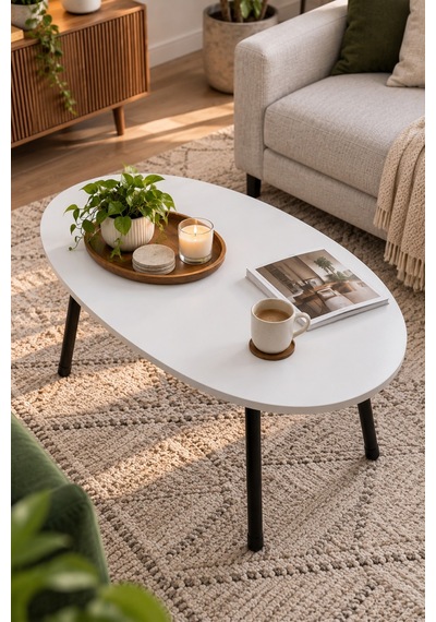 Sulorahome Metal Ayaklı Oval Beyaz Orta Sehpa