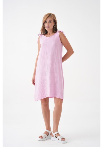 Mg Otantik %100 Pamuk Müslin Kumaş İp Askılı Elbise Mg-20251 Pembe