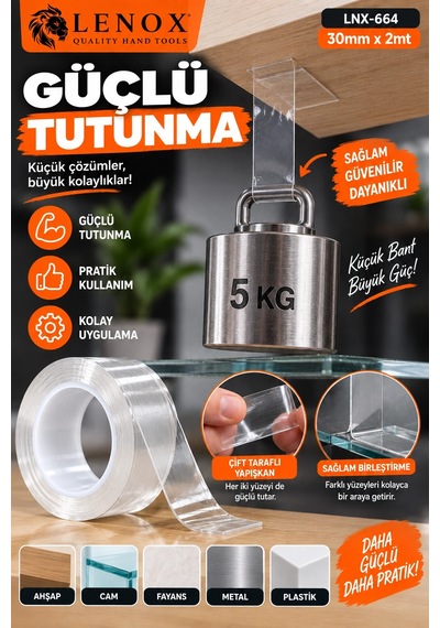 Lenox Çift Taraflı Şeffaf Bant 30 Mm X 2 Metre Güçlü Tutunma Çok Amaçlı Sabitleme Bandı