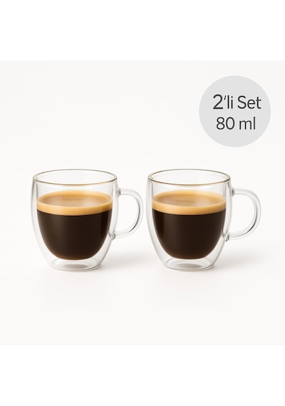 Çift Cidarlı 2 Li Kulplu Espresso Fincan Seti 80 Ml Şeffaf Espresso Kahve Kupaları, Shot Bardak
