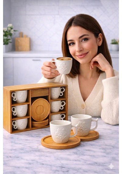 Tek Kişilik 2 Parça Porselen Türk Kahvesi Fincan Takımı.bambu Tabaklı Premium Kahve Seti,çiçek Beyaz