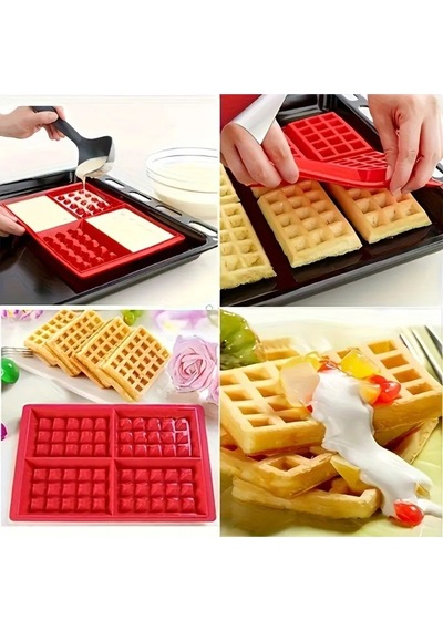Silikon Fırın Tepsisi 4 Delikli Waffle Kalıbı, Kek Waffle Yapma Tepsisi Kalıbı Kırmızı