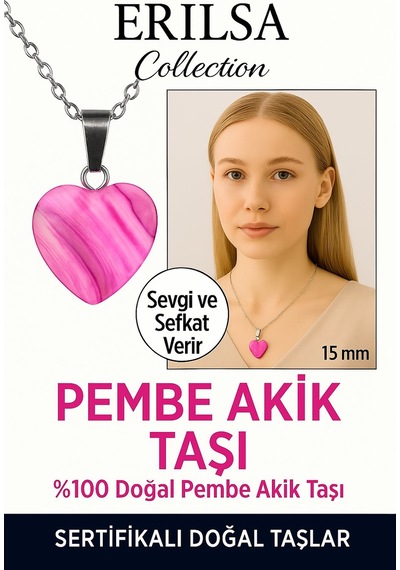 Erilsa Sertifikalı Kalp Model Mini Pembe Akik Kolye Sevgi, Sakinlik Ve Çok Renkli