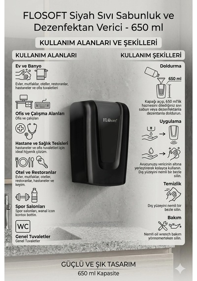 Flosoft Siyah Sıvı Sabunluk Ve Dezenfektan Verici 650 Ml