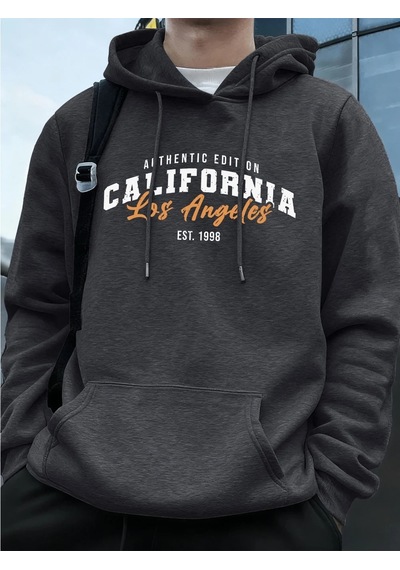 Startmore Tarzsokak Los Angeles Kaliforniya Baskı Erkek Kapüşonlu Üst Sonbahar Bol Sweatshirt Hip Hop Cepli Polar Antrasit