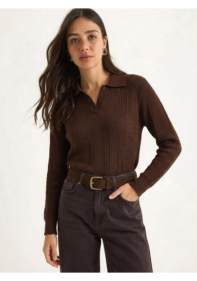 Shade Kadın Polo Yaka Patlı Regular Fit Triko Kazak 20258063 - Kahverengi