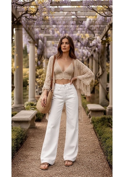 Beyaz Yüksek Bel Denim Palazzo Pantolon- Bol Paça Şık Model Beyaz