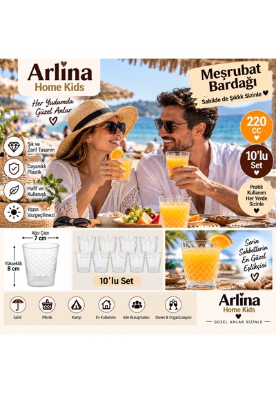 220 Cc Kare Desenli Plastik Meşrubat Bardağı 10 Lu Paket Beyaz