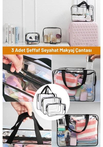 Kadın Erkek 3 Adet Şeffaf Seyahat Makyaj Çantası