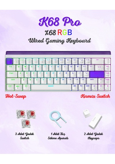 K68 Pro Kablolu Mekanik Oyuncu Klavyesi Hottswapp Red Switch Driverli Türkçe Q Gaming Beyaz Klavye.
