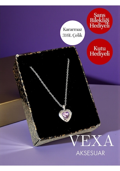 Amora Kalp Model Taşlı Kararmaz 316l İthal Çelik Kolye - Kutu Ve Şans Bilekliği Hediye Mor