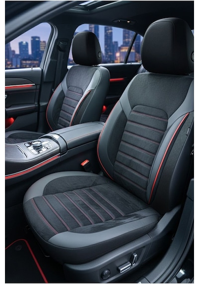 Alcantara Serisi Lüks Üniversal Oto Koltuk Kılıfı - 5 Kotuk Tam Set Kırmızı