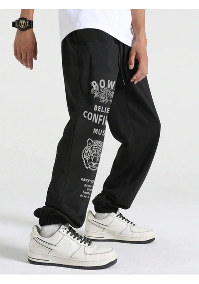 Hypemode Letter Tiger & Floral Graphic Drawstring Waist Eşofman Altı Siyah