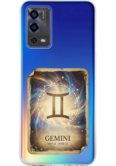 Oppo A55 İle Uyumlu Burç Kartları İkizler Tasarımlı Şeffaf Silikon Kılıf Şeffaf