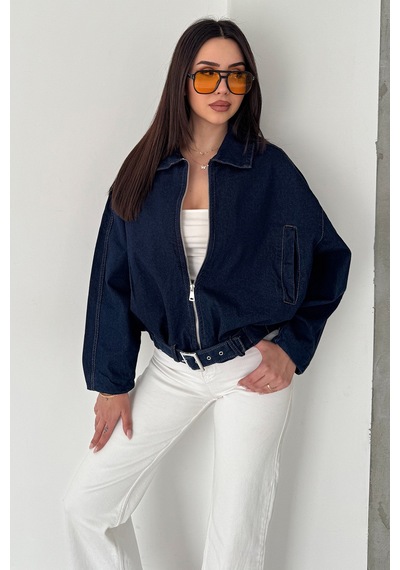 Blanco Kadın Kemer Detaylı Kot Ceket Oversize Fermuarlı Denim Ceket Lacivert Lacivert