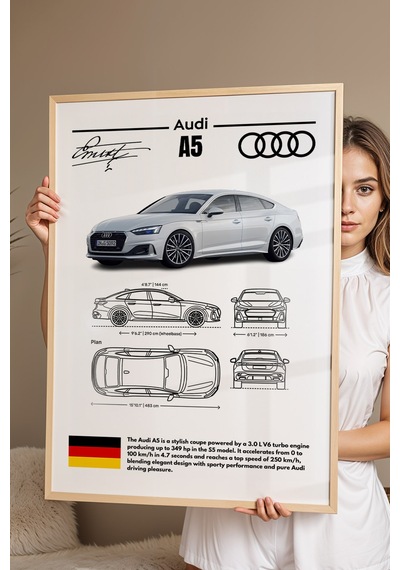 Audi A5 Tablo - Teknik Özellikli Alman Spor Coupe Poster - Çerçeveli Duvar Dekoru - Araba Blueprint Kayın