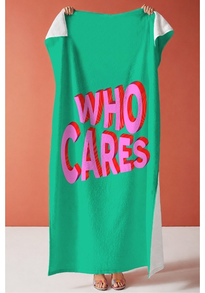 Who Cares Yazılı Modern Typografi Plaj Havlusu - Yeşil Pembe Pop Art Hızlı Kuruyan Mikrofiber Havlu Köpük Ada