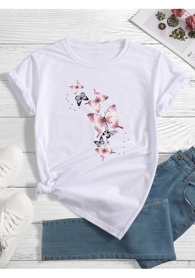 Flood Of Style Kadın Beyaz Uçuşan Kelebekler Baskılı Oversize T-shirt