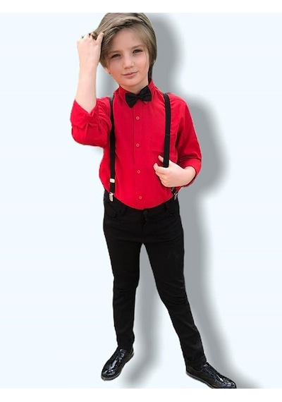 Mnk Baby & Kids Askılı 10 Yaş Erkek Çocuk Gömlekli Takım Kırmızı