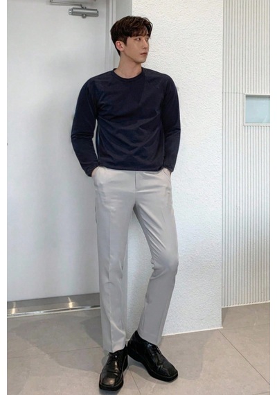 Tarz Cool Erkek Slim Fit Uzun Kollu Bisiklet Yaka Likralı Pamuk Tişört Lacivert