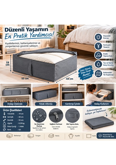 Gri Kumaş Saklama Hurcu 44x55x19 Cm Fermuarlı Dolap İçi Düzenleyici, Yorgan Battaniye Kıyafet Organizer