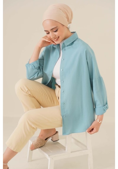 Bigdart 103901 Oversize Basic Tesettür Gömlek - Su Yeşili 001
