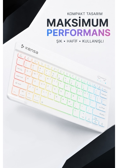 Tablet Ve Bilgisayar İçin Rgb Led Işıklı Taşınabilir Kablosuz Bluetooth Klavye Ve Dongle'lı Mouse Seti Beyaz