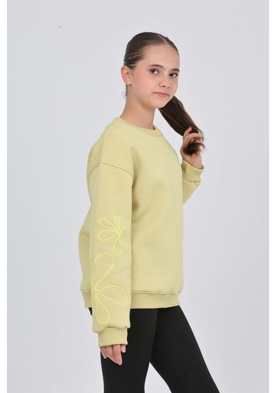 Toontoy Kız Çocuk Relax Fit Bisiklet Yaka Düşük Omuz Sweatshirt Açık Yeşil