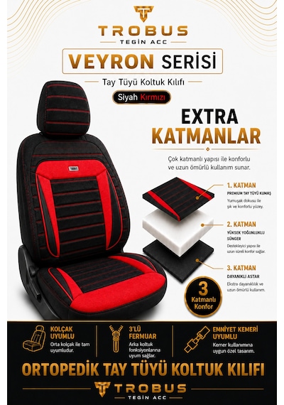 Audi Q2 2016 2017 2018 2019 2020 Uyumlu Veyron Serisi Siyah Kırmızı Oto Koltuk Kılıfı