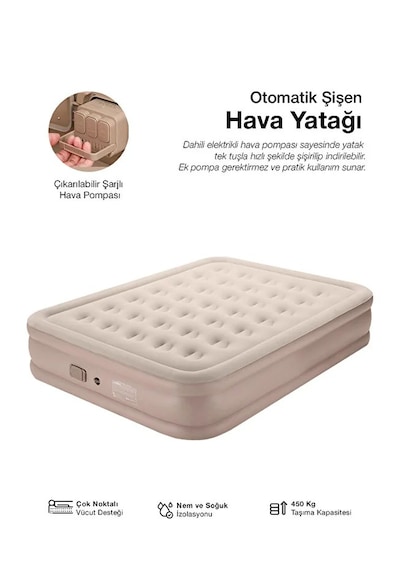 Çift Kişilik Şişme Yatak Ortopedik 40 Cm Yüksek 450 Kg Taşıma Kapasiteli Kamp Yatağı Bej