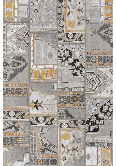 Patchwork Desenli Yıkanabilir Pamuk Taban Dijital Baskılı Halı Gri