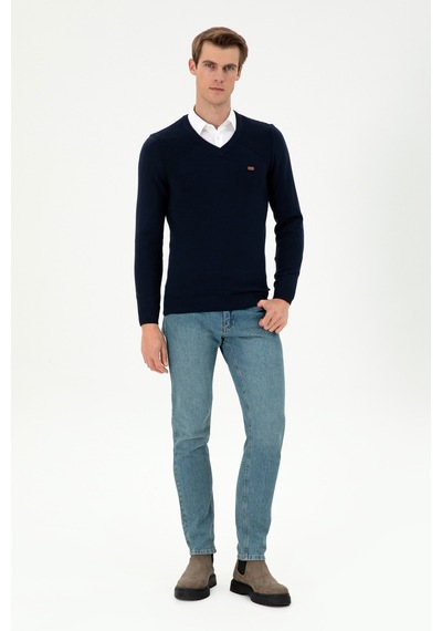 U.S. Polo Assn. Erkek Slim Fit V Yaka Lacivert Kazak 50297063-VR033