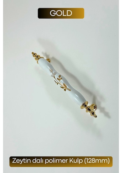 Polimer Zeytindalı Kulp Lüks Modern Mobilya Çekmece Vestiyer Mutfak Dolabı Kulpu 128mm Beyaz-gold