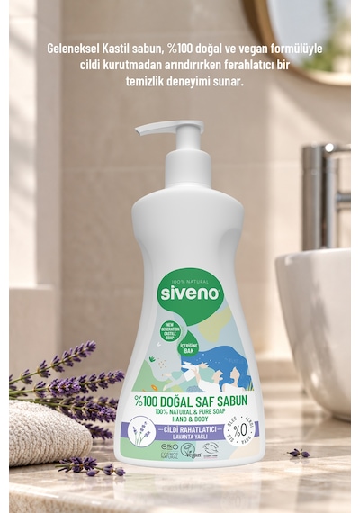 Siveno %100 Doğal Sıvı Kastil Sabun Lavanta Yağlı Cildi Rahatlatıcı Nemlendirici Bitkisel Vegan 300 ML