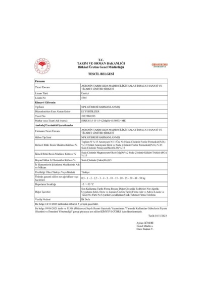 Agrosin Sirius 15.15.15 + 15 So3 + Me Organomineral Granül Gübre 2 Kg