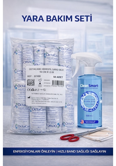 Hidrofil Sargı Bezi 10 Cm X 1,5 M 50'li Paket + Cleansmart Yara Temizleme Spreyi Seti 500 Ml