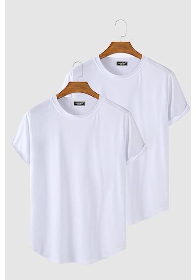 2'li Erkek Beyaz Kolları Katlı Oval Kesim Cepsiz Bisiklet Yaka T-shirt Beyaz