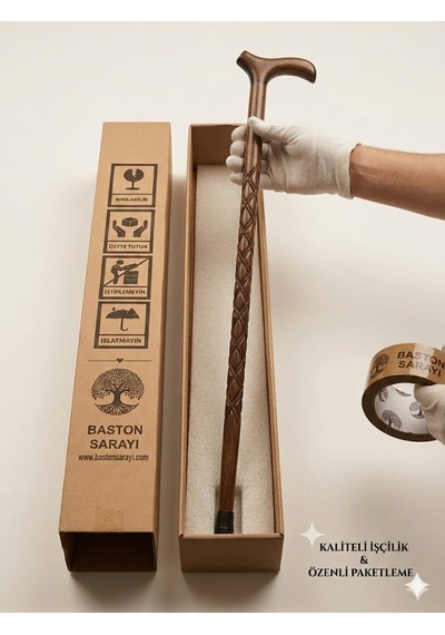 Lüks Ceviz Oymalı Baston Ahşap Baston Sağlam Baston Kaliteli Baston