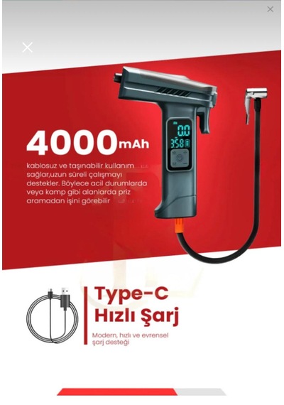 Nivego Taşınabilir 4000 Mah Dijital Hava Pompası 150 Psı Şarjlı Mini Kompresör Lcd Ekranlı, Işıklı, Kemer Kesicili,cam Kırma Otomatik Durma -