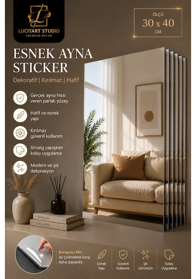 4'lü Set 1 Mm Premium Aynalı Pleksi 30x40 Cm Esnek Yapışkanlı Dekoratif Duvar Aynası Süs Ayna Gümüş Gümüş