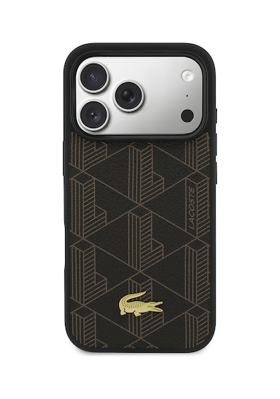Apple Uyumlu iPhone 17 Pro Max Kılıf Lacoste Lisanslı M-safeli Pu Deri Kartlıklı Karışık Monogram Desenli Kahve Kahverengi