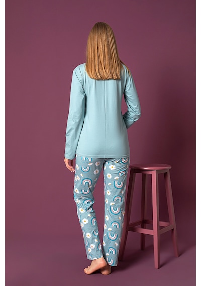 Nisanca Mevsimlik Uzun Kollu %100 Pamuk Kadın Pijama Takımı- Desenli Kadın Pijama mavi