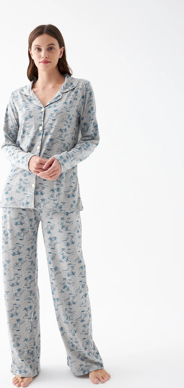Akbeniz Kadın Gri Desenli Düğmeli Pamuklu Pijama Takımı Gri