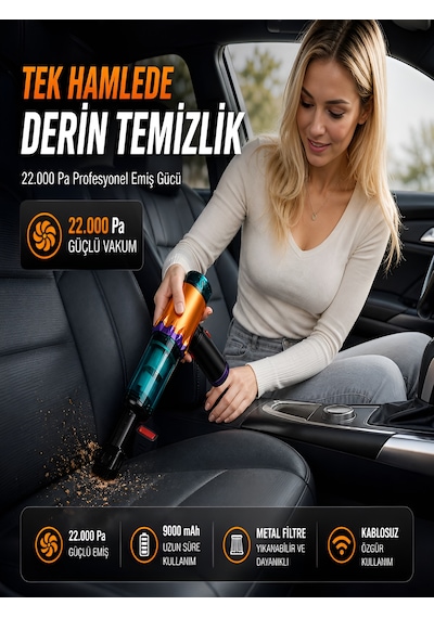 22000pa 220w Ultra Güçlü 9000mah Kablosuz Araç İçi Süpürge Metal Filtreli 220ml Şarjlı Mini