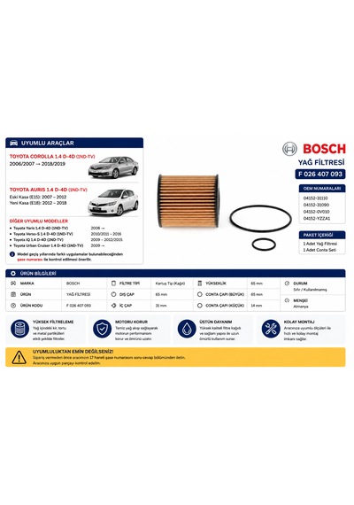Bosch Toyota Corolla Auris 1.4 D-4d Yağ Filtresi 2007-2018