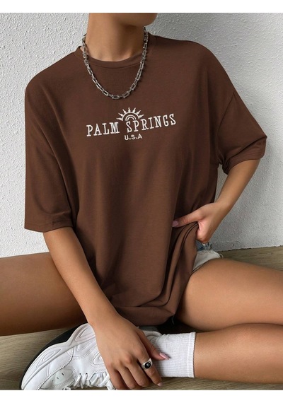 Palm Springs T-shirt - Kahverengi Baskılı Oversize Bisiklet Yaka Kısa Kol Tişört Kahverengi Palm Springs T-shirt - Kahverengi Baskılı Oversize Bisiklet Yaka Kısa Kol Tişört Kahverengi