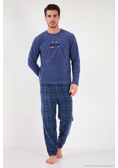 Buratti Ekoseli Bisiklet Yaka Yumuşak Dokulu Polar Pijama Takımı Erkek Pijama Takımı 6097064 İndigo