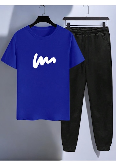 Uyguntarz Unisex W Yazı Tasarım Basklı Tshirt Eşofman Takımı Mavi